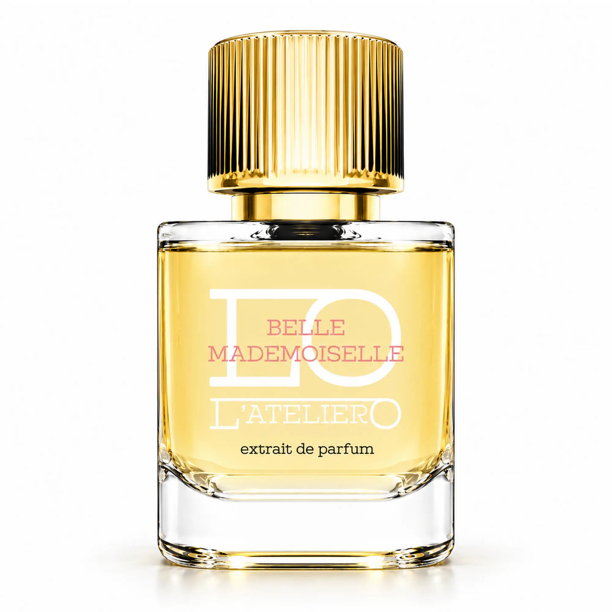 L’ATELIERO Belle Mademoiselle Extrait de Parfum 50 ml: Flakon mit hellgoldenem Parfum, rosa Schrift und Goldverschluss vor weißem Hintergrund.