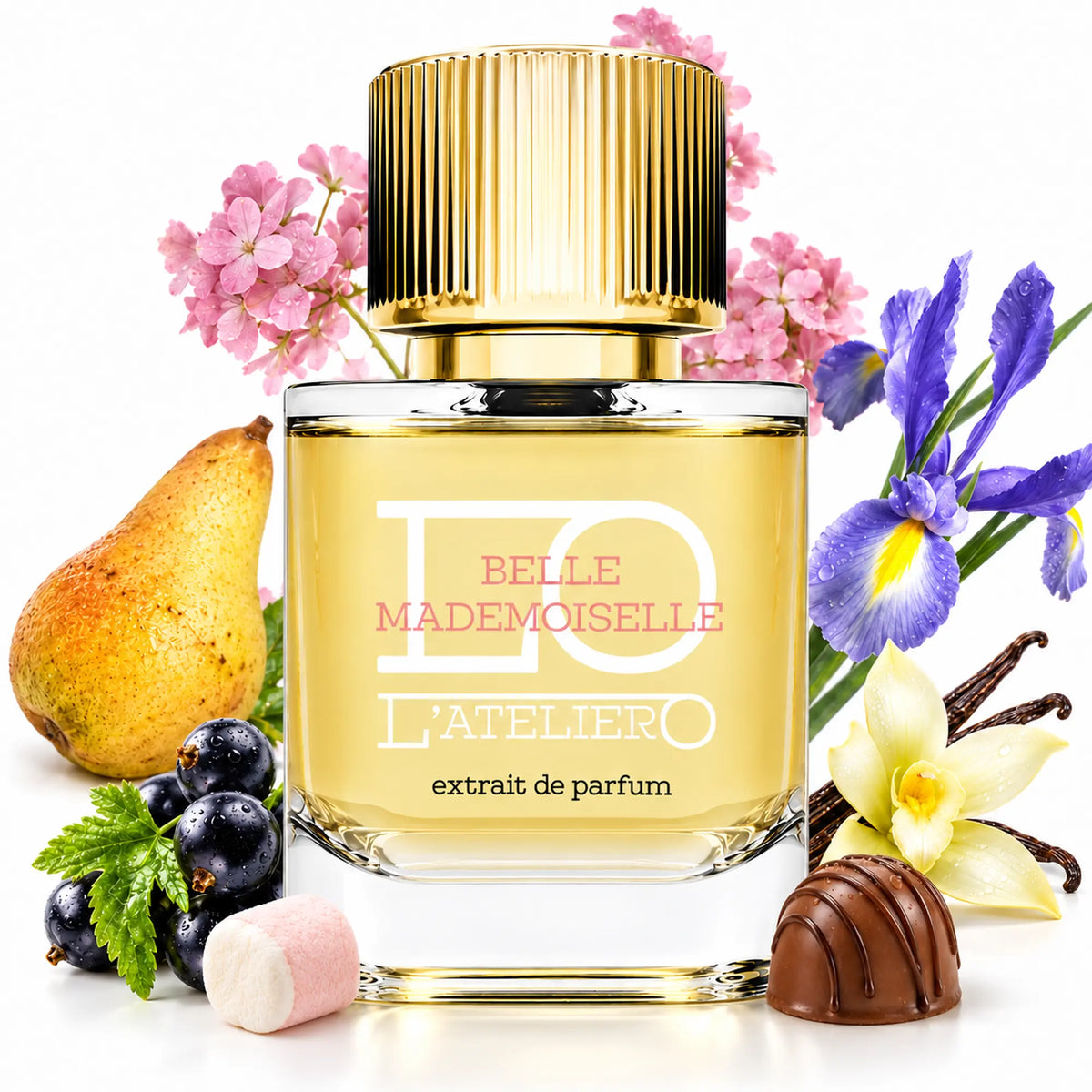 L’ATELIERO Belle Mademoiselle Extrait de Parfum 50 ml: Flakon mit Birne, schwarzen Johannisbeeren, Iris, Marshmallow und Praline.