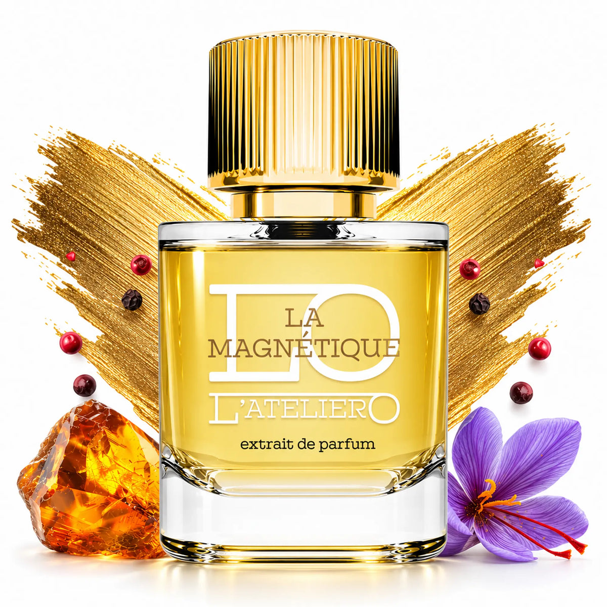 L’ATELIERO La Magnétique Extrait de Parfum 50 ml: Flakon mit violetter Safranblüte, Pfefferkörnern und goldenen Pinselstrichen.