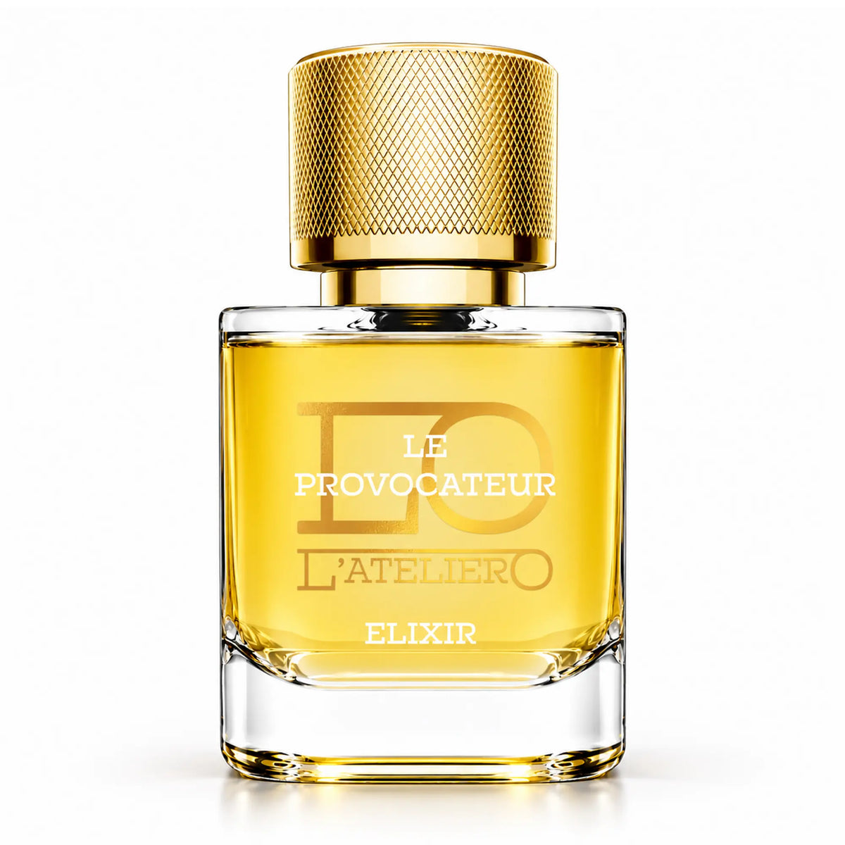 L’ATELIERO Le Provocateur Elixir Extrait de Parfum 50 ml: Flakon mit goldgelbem Parfum und strukturiertem Goldverschluss vor weißem Hintergrund.